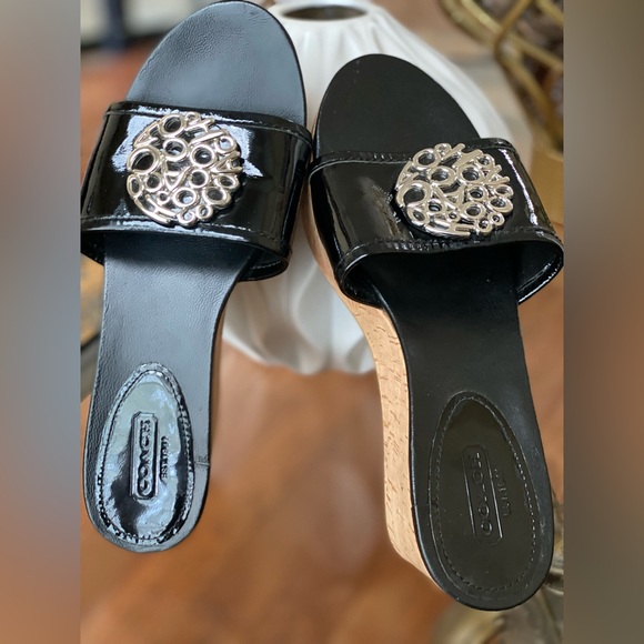 Coach JUDITH NWOT 🚨Black Patent Leather Cork Wedge Platform Slides Size 7 - Picture 7 of 15